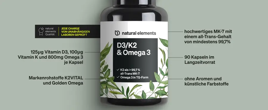 Vitamin D3 + K2 + Omega 3 - Premium: 99.7+% All-Trans K2, Premium Omega 3, Triglyceride shape, depot capsules, laboratory-tested and made in Germany