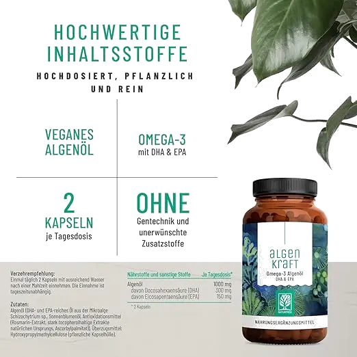NATURTREU Omega 3 Vegan from Algae Oil - 1000 mg Omega 3 Algae Oil from Sustainable Cultures - Microalgae Oil High Dose DHA & EPA in Optimal Ratio - L Bild 6