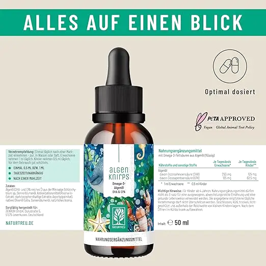 NATURTREU Omega 3 for Children Made of Algae Oil - Optimised for Children with Delicious Orange Flavour, 250 mg DHA and 125 mg EPA per Serving - No Dr Bild 7
